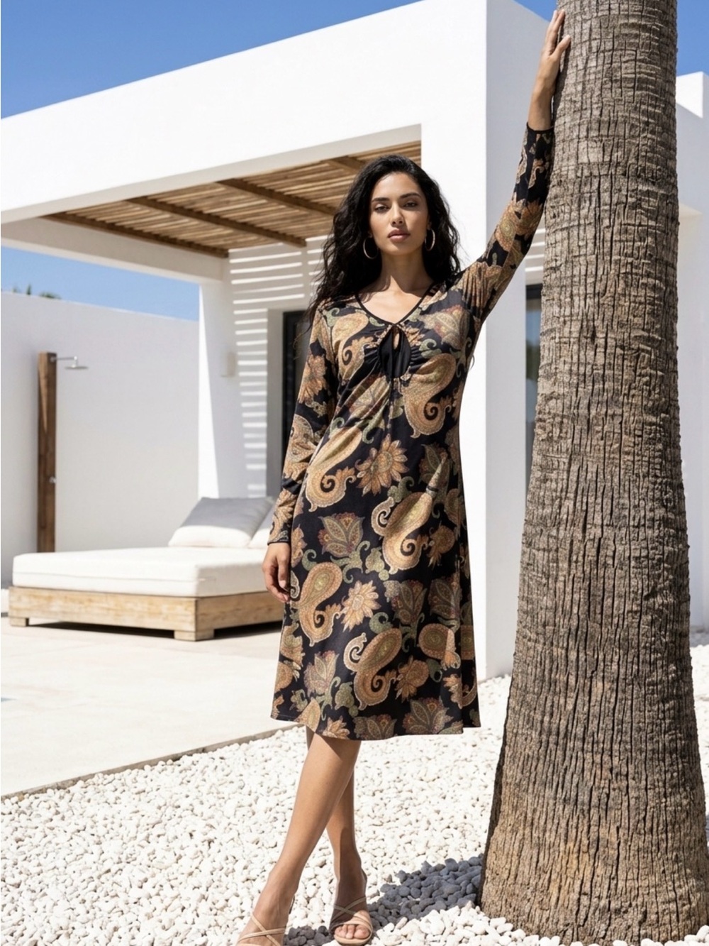 Long Sleeve Black Orange Green Floral Midi Dress